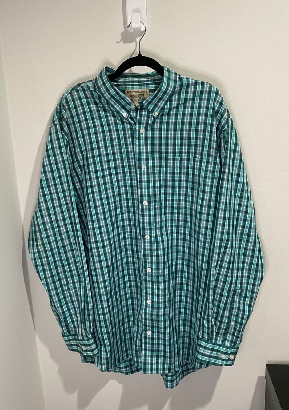 Duluth Trading Co Button Down Men's XL Tall Green Plaid Wrinkle Fighter Work EUC